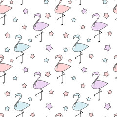 cute colorful flamingos silhouette with stars seamless vector pattern background illustration

