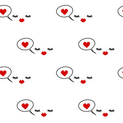 hand drawn cute seamless vector pattern background illustration with eyelashes, red lips and speech bubble with heart

