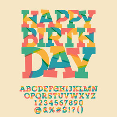 Happy birthday greeting card for children. Vector set of colorful letters, numbers and symbols