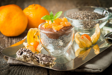 Chocolate chia seed pudding in glass bow