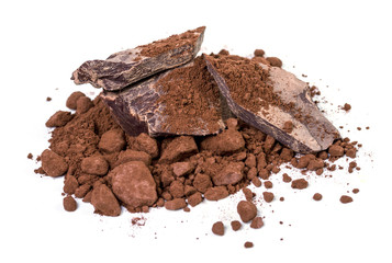 Cocoa raw with powder on a white background