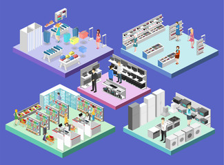 isometric interior shopping mall, grocery, computer, household, equipment store.