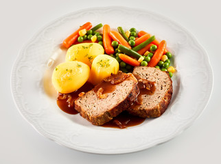 Dinner of Meatloaf, Potatoes, and Mixed Vegetables