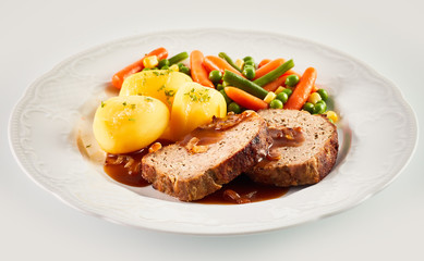 Dinner of Meatloaf, Potatoes, and Mixed Vegetables