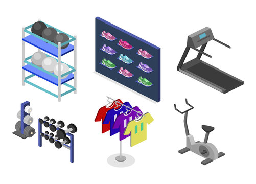 Isometric flat 3D concept vector goods for the sports shop.