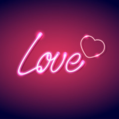 Neon icon Love Vector illustration Bright neon inscription Love with heart symbol on pink background Realistic style