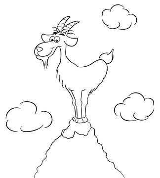 Cartoon Ziege steht auf einer Bergspitze 