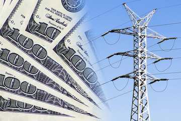 Electric and wires on a background of money . The concept of raising electricity tariffs