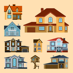Houses front view vector illustration building architecture home construction estate residential property roof set apartment housing cottage
