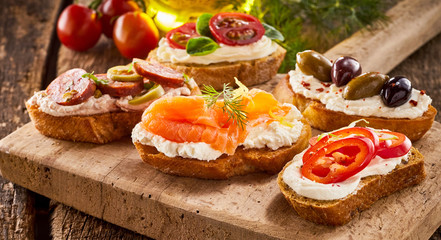 Selection of tasty bruschetta or canapes