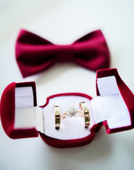 Golden wedding and proposal rings lie in red velvet box