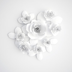 White paper flowers, greeting card, 3D illustration   