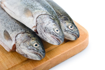 Fresh fish heads in a row on wooden board