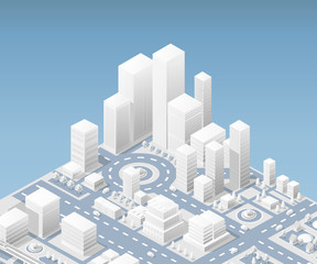 Naklejka premium Isometric 3D illustration city urban area with a lot of houses and skyscrapers, streets, trees and vehicles