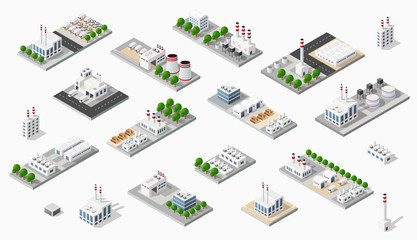 Isometric set plant dimensional projection includes factories and industrial buildings, boilers, warehouses, hangars, power stations, streets, roads, trees. Urban infrastructure of city metropolis.