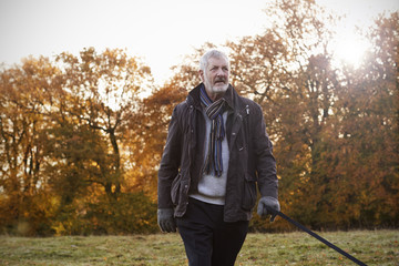 Senior Man Taking Dog For Walk In Autumn Landscape