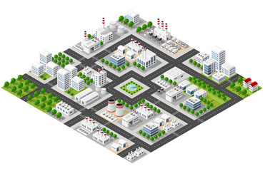 Isometric plant in 3D dimensional projection includes factories and industrial buildings, boilers, warehouses, hangars, power stations, streets, roads, trees. Urban infrastructure of city metropolis.