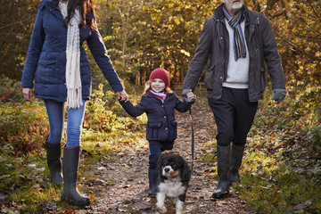 Naklejka na ściany i meble Multi Generation Family Take Dog For Walk In Fall Landscape