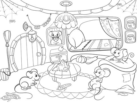 Children coloring cartoon house family mouse vector