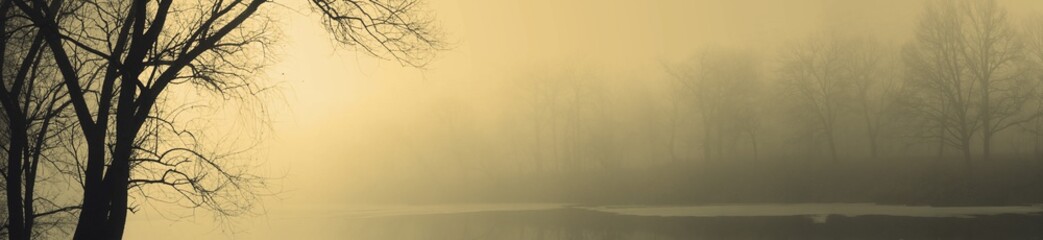 Fog over water in the spring in the early morning.