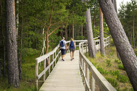 Couple walk on wooden deck in the wood with observation decks.