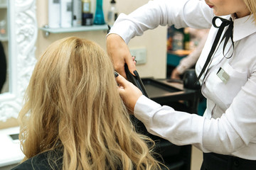 Stylist making evening hairstyle girl with blond hair