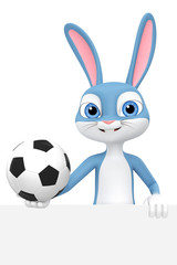 Cheerful rabbit isolated on a white background looks with a soccer ball. 3d render illustration.