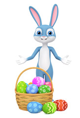 Happy Easter bunny isolated on white background basket with eggs indicates paw. 3d render illustration.