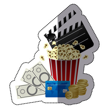 sticker color with popcorn cup with movie tickets and clapper board vector illustration