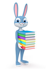 Cheerful rabbit isolated on a white background with books. 3d render illustration.