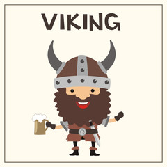 Funny viking with beer mug. Isolated viking with beard in helmet with horns.