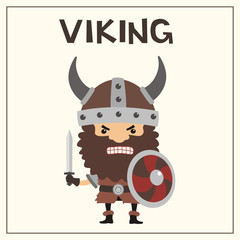 Angry viking with sword and shield. Isolated viking with beard in helmet with horns.