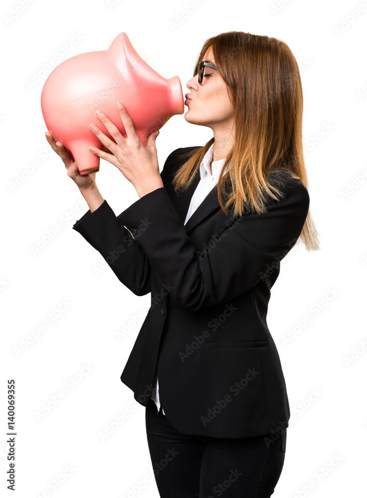 Sticker Young business woman holding a piggybank