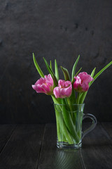 Fresh pink tulip flowers bouquet in a glass jar on dark background