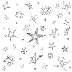 Hand Drawn Set of Stars. Children Drawings of Funny Stars. Doodle Style. Vector Illustration.