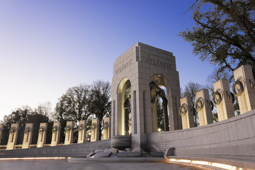 Night-time view of the Atlantic Pavilion & accompanying granite pillars on the northern-side of the National World War II Memorial, Washington DC © Liberty Photo Art