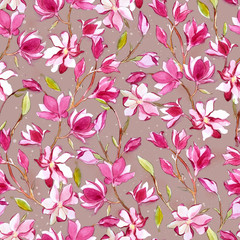 Seamless pattern of watercolor romantic magnolia flower on gray background