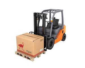 Forklift truck with box without shadow on pallet on white background 3d