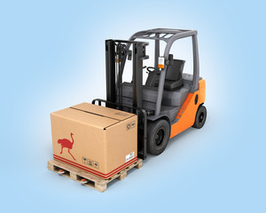 Forklift truck with box on pallet on blue gradient background 3d