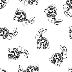 Seamless pattern. Rabbit with floral tracery  isolated on a white background.