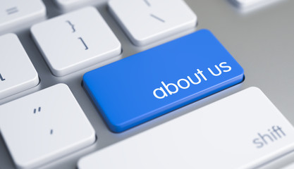 About Us - Text on Blue Keyboard Keypad. 3D.