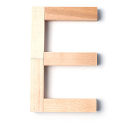 Alphabetic letter E, from wooden blocks