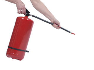 Hands hold on fire extinguisher on white isolated background