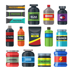 Sports food gym nutrition icons vector set packs isolated on white healthy lifestyle concept