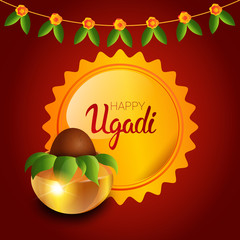 Happy Ugadi and Gudi Padwa Hindu New Year Greeting Card Holiday Pot With Coconut Flat Vector Illustration
