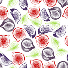 Vector seamless pattern of isolated figs. hand drawn colored exotic fruits. Engraved art.