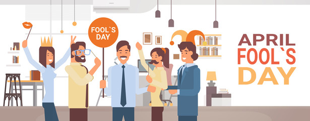 Obraz premium People Group Celebrating Fool Day April Holiday Greeting Card Banner Flat Vector Illustration