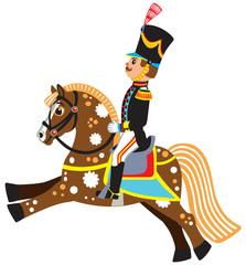 cartoon soldier riding a horse , side view isolated vector illustration