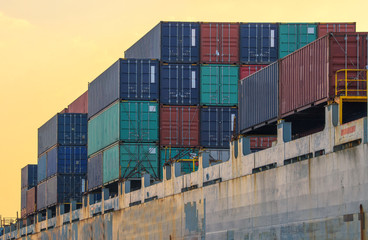 Fototapeta premium container ship in import export and business logistic.By crane ,Trade Port , Shipping.cargo to harbor.Aerial view.Top view.