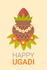 Happy Ugadi and Gudi Padwa Hindu New Year Greeting Card Holiday Pot With Coconut Flat Vector Illustration